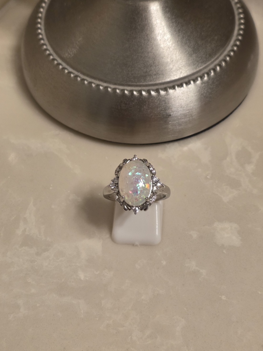 Opal Halo Silver Ring with Iridescent White Opal